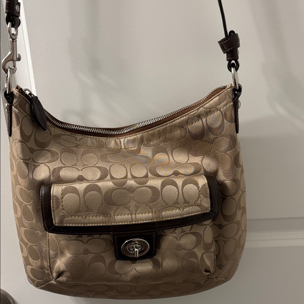 Coach Beige and Dark Brown Signature Shoulder Bag